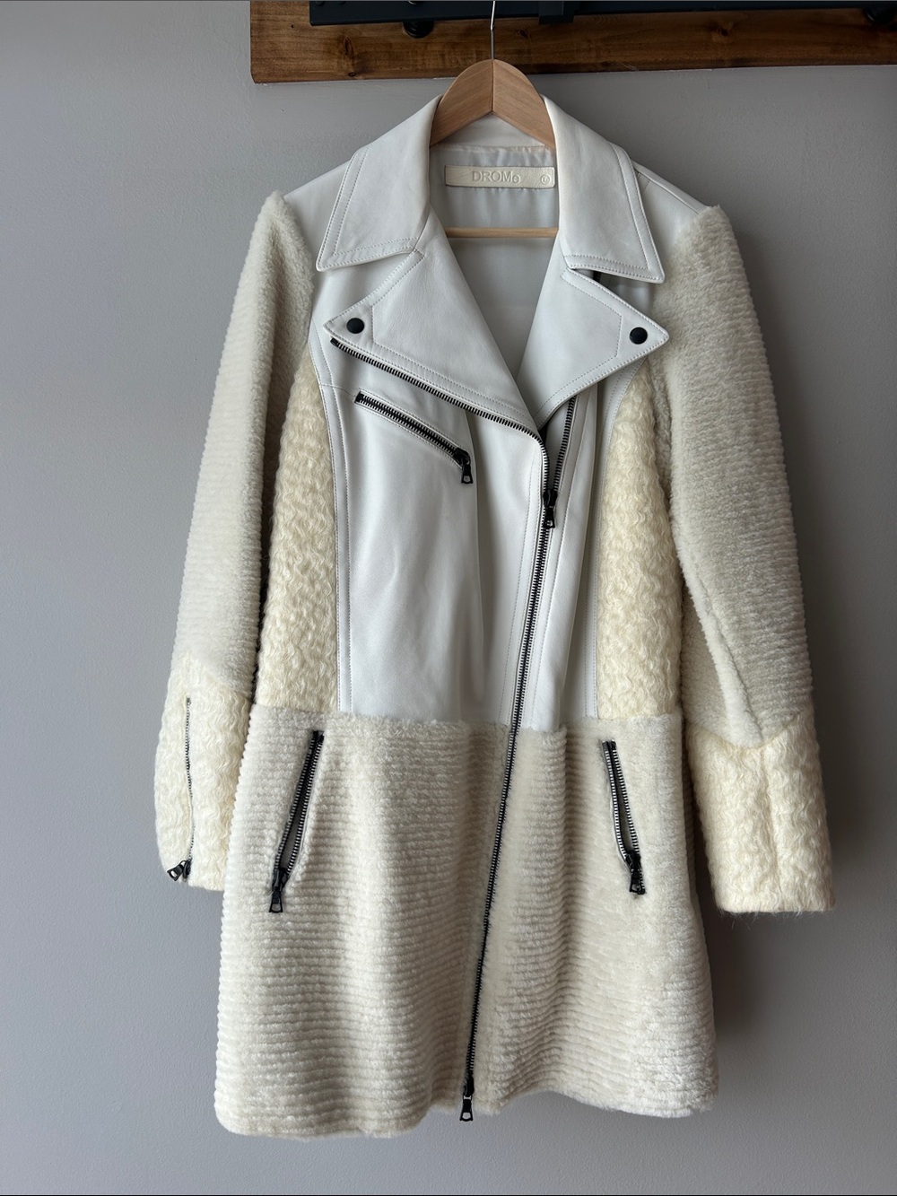 DROMe Cream and White Mixed-Media Shearling Trench Coat